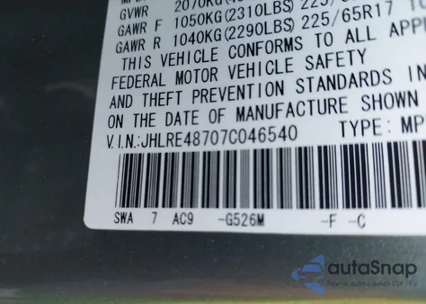 2007 Honda Cr-V Ex-L z USA, uszkodzony, nr VIN JHLRE48707C046540